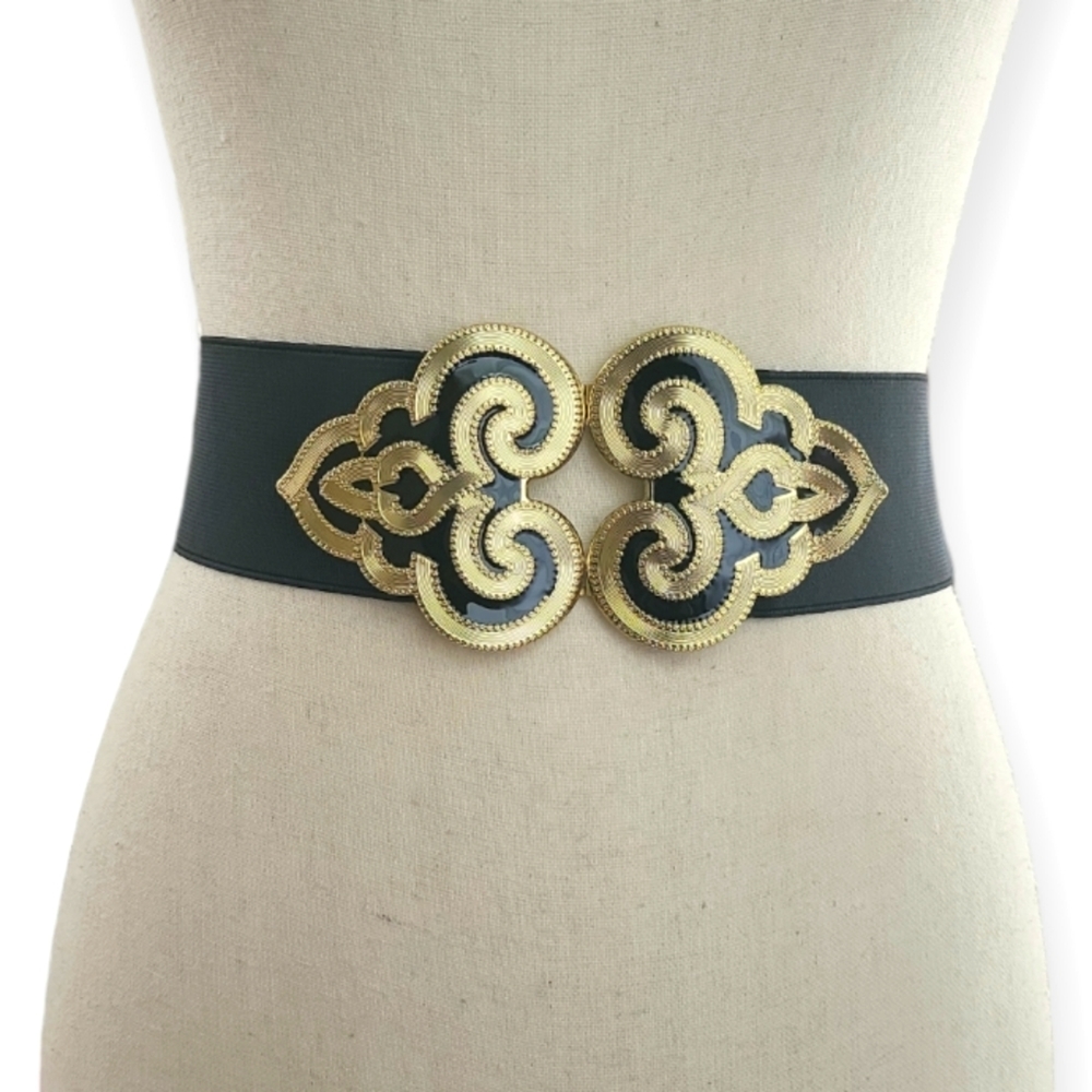 Black Wide Stretch Statement Belt Goldtone & Black Enamel Buckle